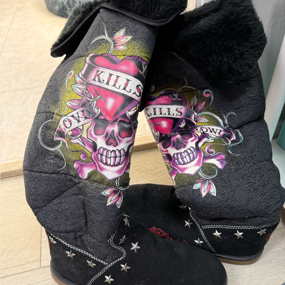 Ed Hardy Black Skull Boots with Pink Accents
